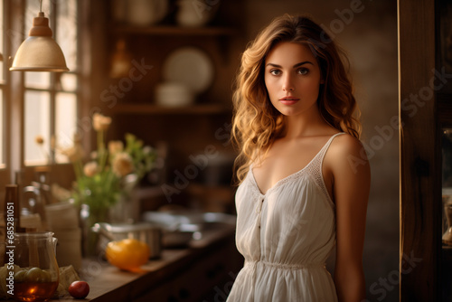 an attractive european woman, kitchen background