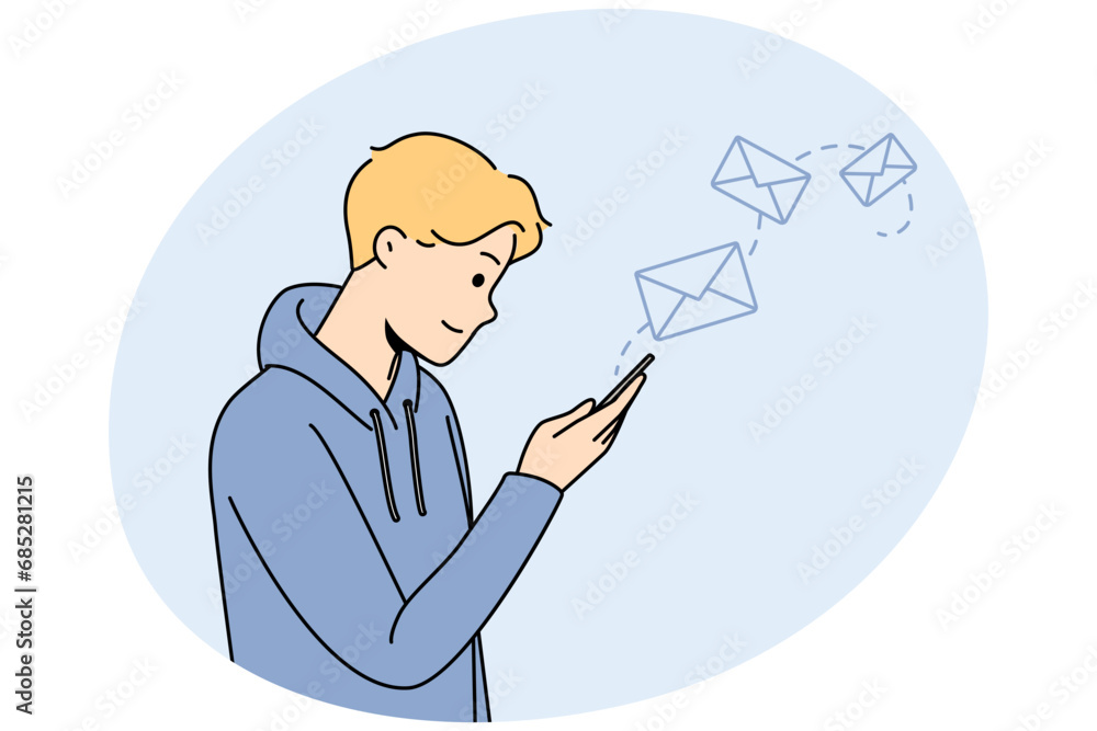 Happy young man use modern cellphone texting online. Smiling guy look at smartphone screen sending email or message on internet. Vector illustration. Happy young man use modern cellphone texting online. Smiling guy look at smartphone screen sending email or message on internet. Vector illustration.
