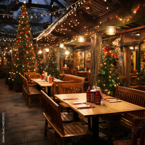 Christmas Restaurant Christmas Tree Bright Lights Food Table