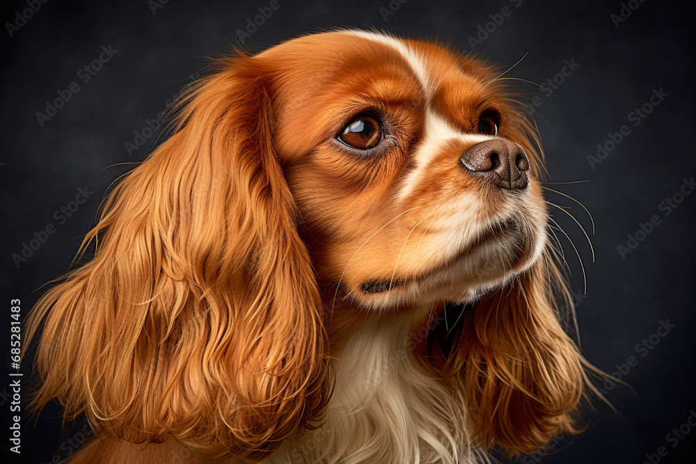 Cavalier King Charles Spaniel dog close-up portrait in a black background. Cavalier King Charles Spaniel dog close-up portrait in a black background.