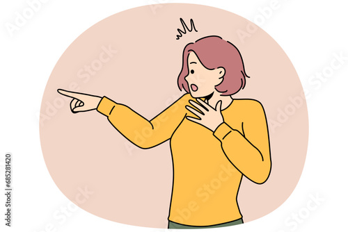 Stunned young woman point to side shocked with view or element. Amazed girl show with finger surprised or terrified with vision. Vector illustration.