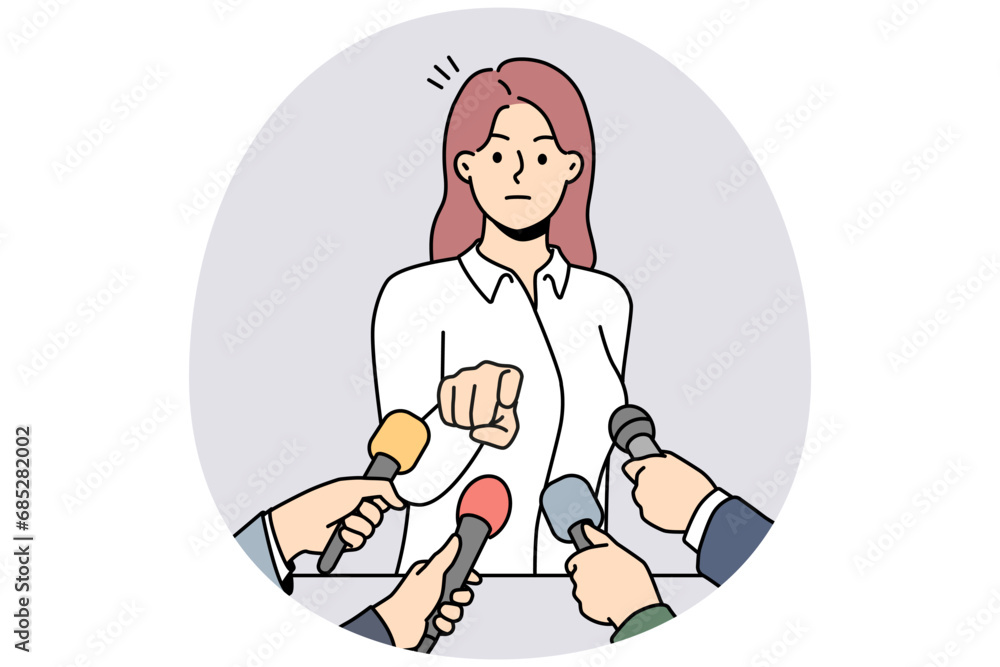 Furious businesswoman talk in microphones at conference point at journalist or reporter. Mad female politician distressed talking at event. Vector illustration.