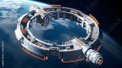 Orbital station concept, spacecraft with artificial gravity wheel in outer space