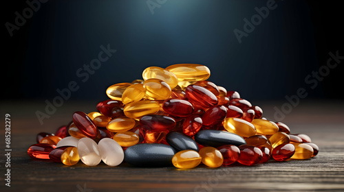 Pile of various vitamin capsules. Dietary and nutritional supplemets for healthy eating,Generative Ai. photo