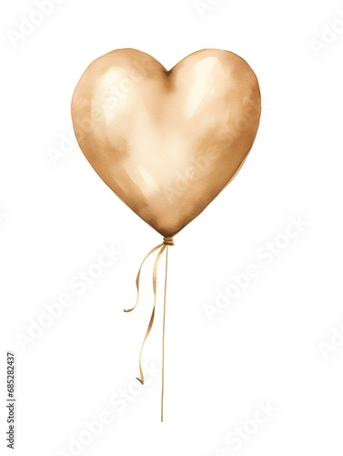 Drawing of a Heart shaped Balloon in beige Watercolors on a white Background. Romantic Template with Copy Space
