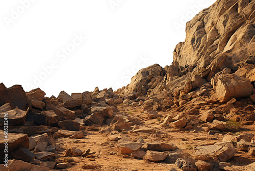 Rocky ground, mountain slope on foreground, isolated PNG cutout. Element for matte painting or photobashing, copy space.