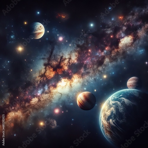 Colorful galaxies, stars and planets in space abstract illustration Generative AI