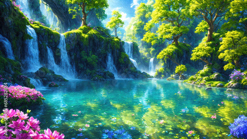 A beautiful paradise land full of flowers  rivers and waterfalls  a blooming and magical idyllic Eden garden.