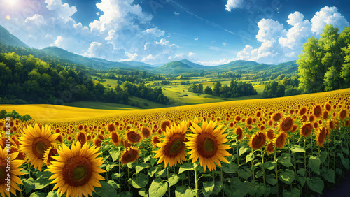 Summer landscape beautiful fields of blooming sunflowers against the background of the summer sky photo