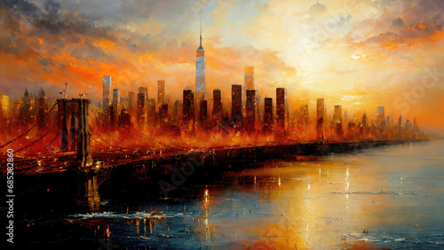 New York City panorama skyline at sunset with  Manhattan office buildings and skysrcapers. New York City panoramatic oil painting on canvas. photo
