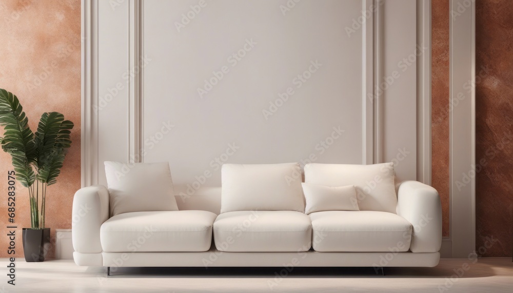 Fototapeta premium White sofa against terra cotta marble stone paneling wall with copy space. Minimalist home interior