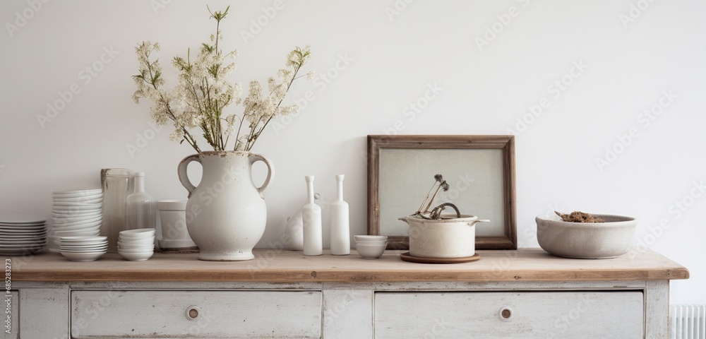 Charming Scandinavian kitchen close-up with a white frame, textured wooden console, metal rings, and rustic blooms Charming Scandinavian kitchen close-up with a white frame, textured wooden console, metal rings, and rustic blooms