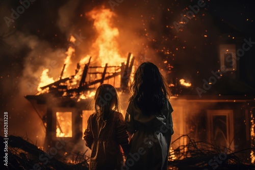 Young girls extinguish a burning house