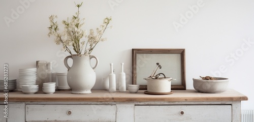 Charming Scandinavian kitchen close-up with a white frame, textured wooden console, metal rings, and rustic blooms