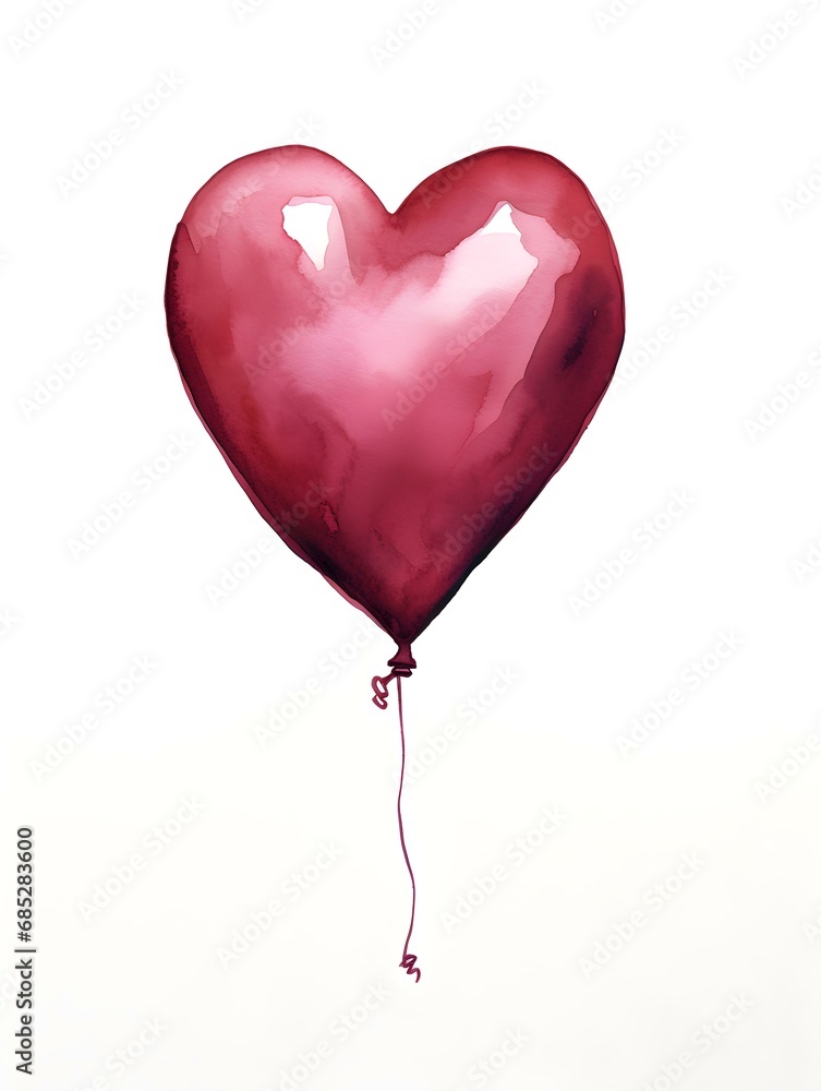 Drawing of a Heart shaped Balloon in burgundy Watercolors on a white Background. Romantic Template with Copy Space Drawing of a Heart shaped Balloon in burgundy Watercolors on a white Background. Romantic Template with Copy Space
