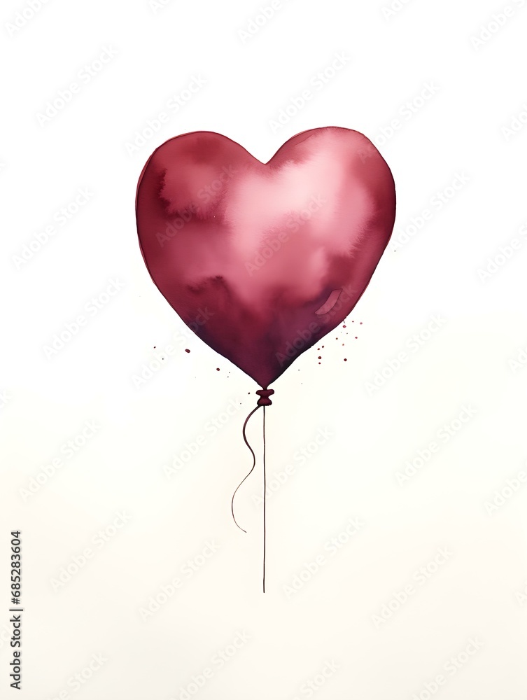 Drawing of a Heart shaped Balloon in burgundy Watercolors on a white Background. Romantic Template with Copy Space