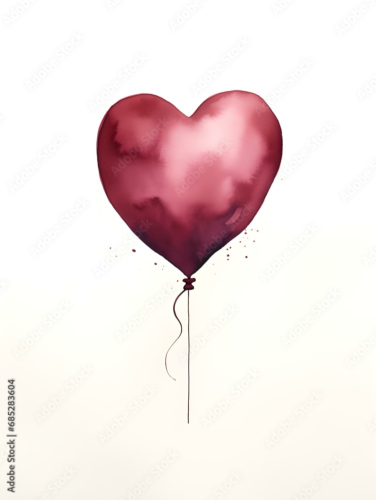 Drawing of a Heart shaped Balloon in burgundy Watercolors on a white Background. Romantic Template with Copy Space Drawing of a Heart shaped Balloon in burgundy Watercolors on a white Background. Romantic Template with Copy Space