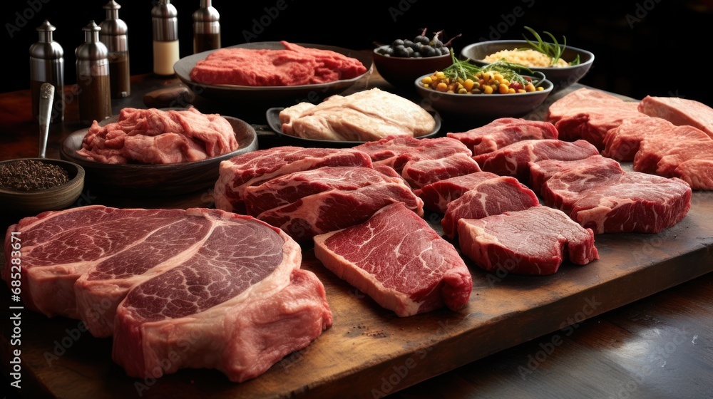 A variety of uncooked meat cuts in table UHD wallpaper