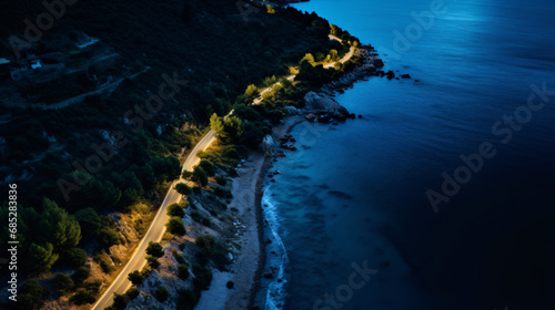 Aerial view of road near sea canal at night