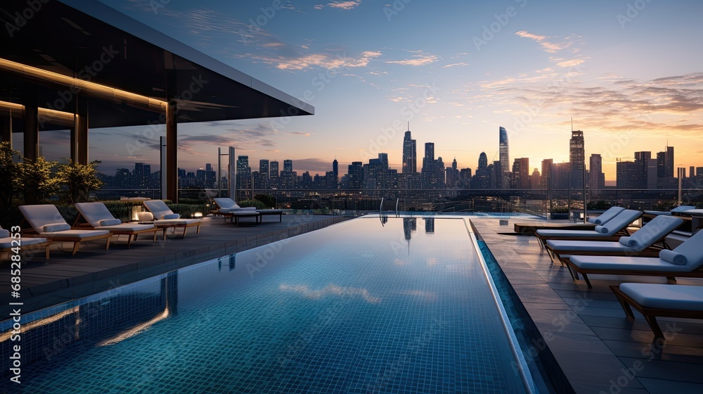 Naklejka premium A luxurious infinity pool on the rooftop of a high-rise building
