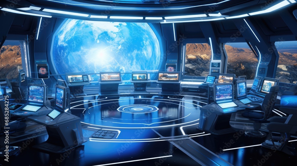 A futuristic high-tech control room in a space station