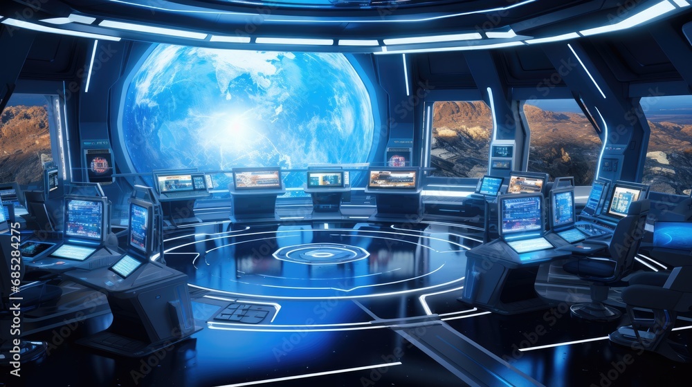A futuristic high-tech control room in a space station A futuristic high-tech control room in a space station