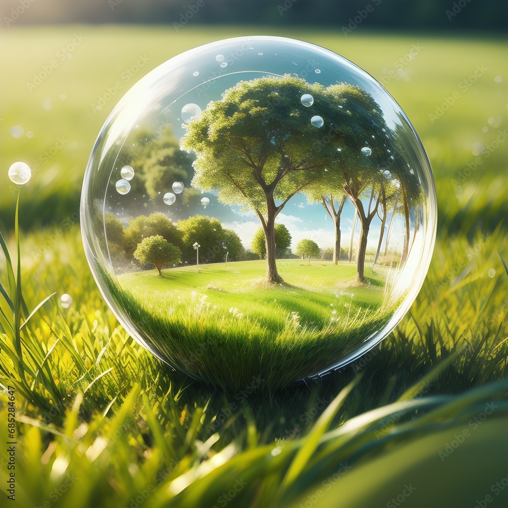 Crystal glass ball sphere reveals forest landscape. Generative AI Crystal glass ball sphere reveals forest landscape. Generative AI