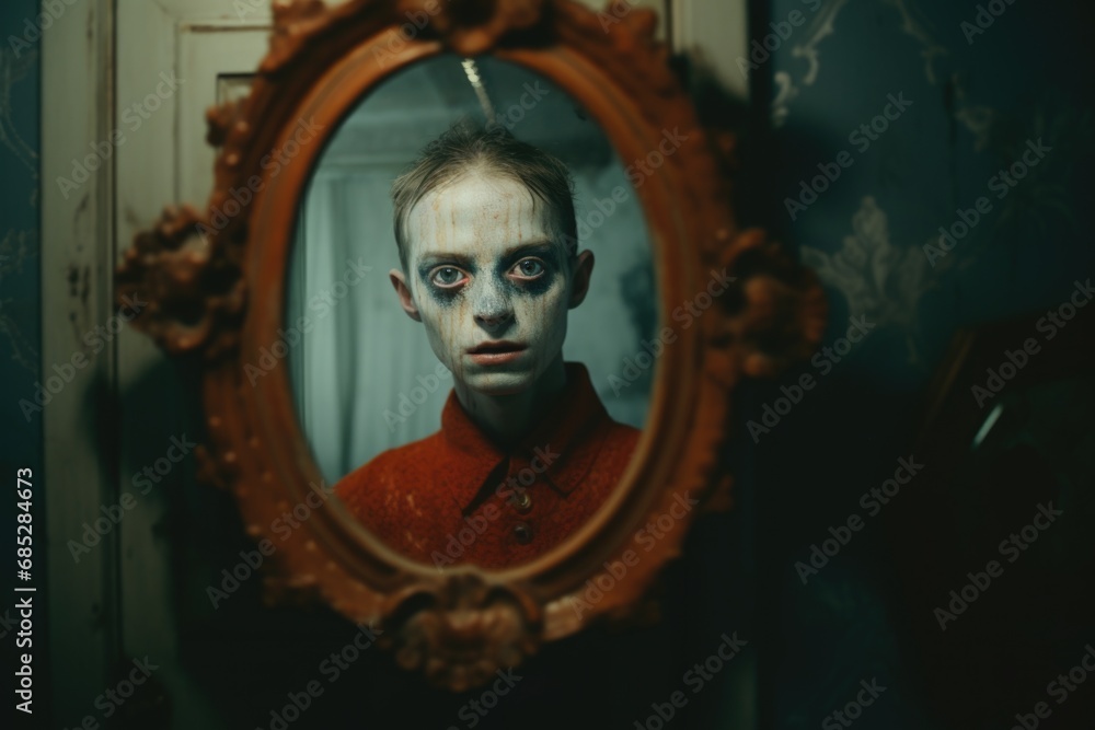 A man wearing a red shirt is captured in a mirror's reflection. This image can be used to depict self-reflection, introspection, or a person observing their appearance A man wearing a red shirt is captured in a mirror's reflection. This image can be used to depict self-reflection, introspection, or a person observing their appearance