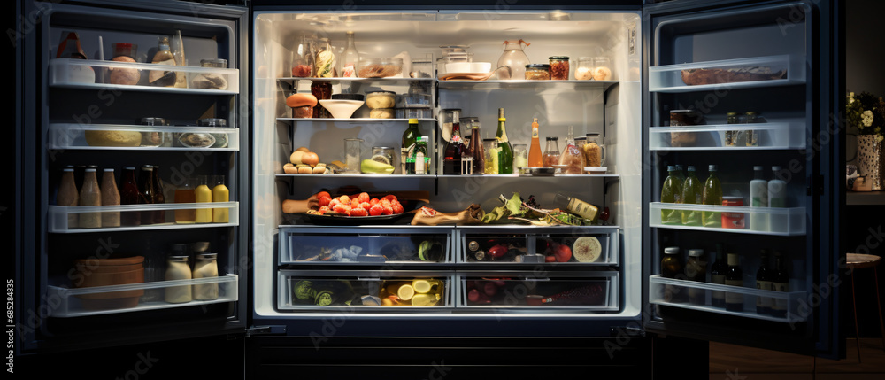 An open luxury refrigerator filled with lots of foods in it