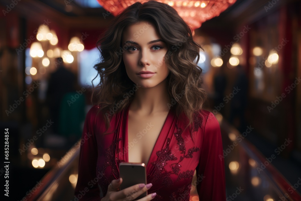 Beautiful woman holding a smartphone in showcasing glamour and cinematic lighting