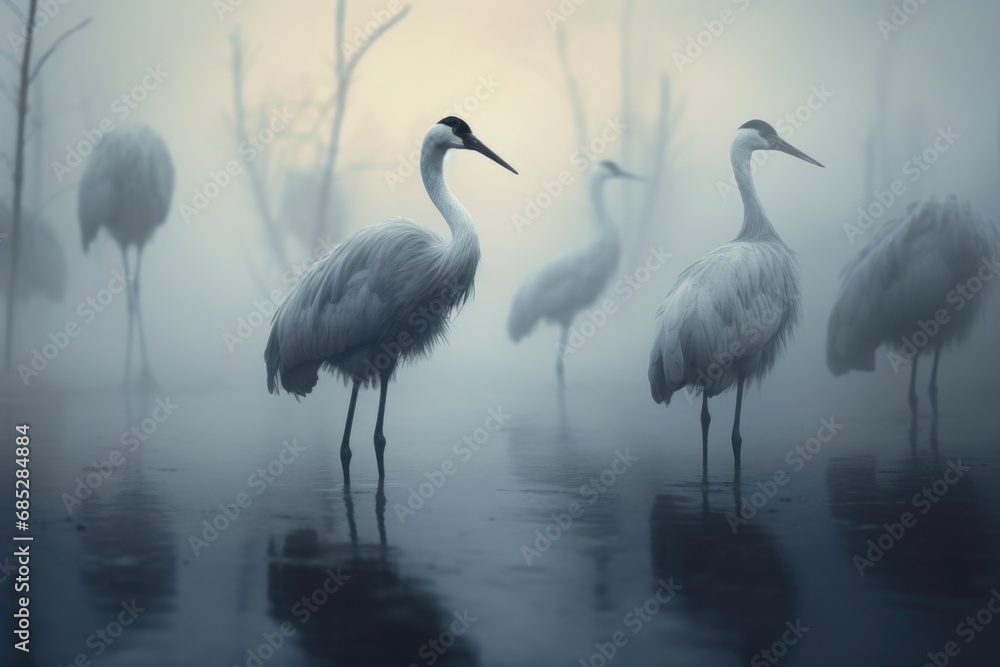 Naklejka premium A group of birds standing on top of a peaceful lake. This image can be used to depict nature, wildlife, tranquility, or birdwatching