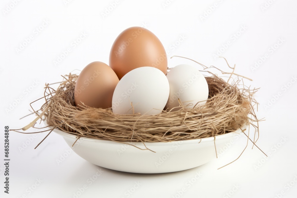 Chicken eggs in bird's nest on white background
