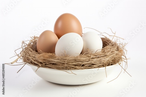 Chicken eggs in bird's nest on white background