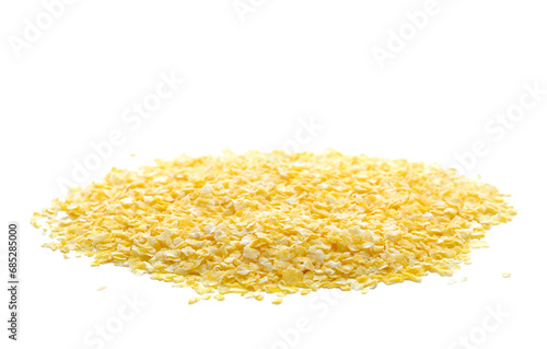 Pile corn flakes isolated on white background, side view