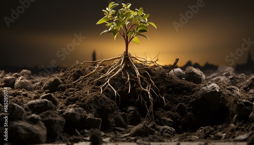 Plant in soil with the roots visible 