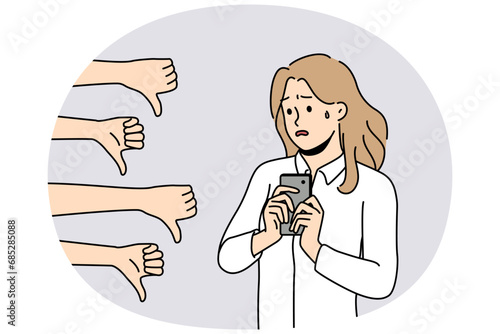Unhappy woman hold cellphone distressed with negative comments online. Upset girl stressed with bad review or feedback on internet on smartphone. Vector illustration.