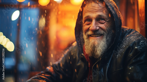 Portrait of a happy elderly homeless man in downtown, rainy and cold at night time