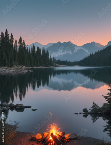 "Create an image of a peaceful, lakeside campfire."