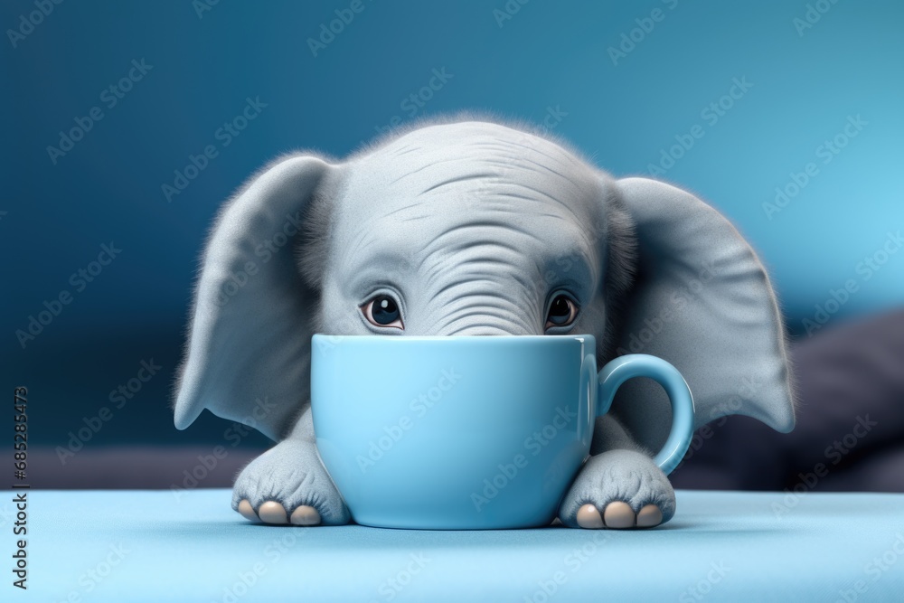 A cute baby elephant sitting inside a blue cup. This adorable image can be used to depict the innocence and playfulness of childhood. Perfect for baby-related projects or animal-themed designs