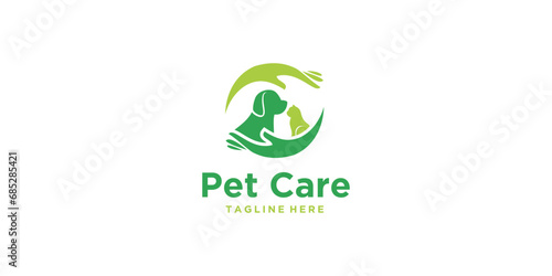 Pet care logo with Symbols of dog, cat and hands circled around dog and cat