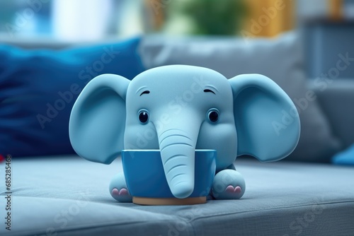 A toy elephant sitting on top of a couch. This image can be used to depict playfulness or childhood memories