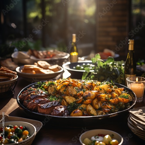 Christmas dinner table full of dishes with food and snacks. There is festive decor in the background. The table is decorated with fir branches and garland lights. feast for guests photo