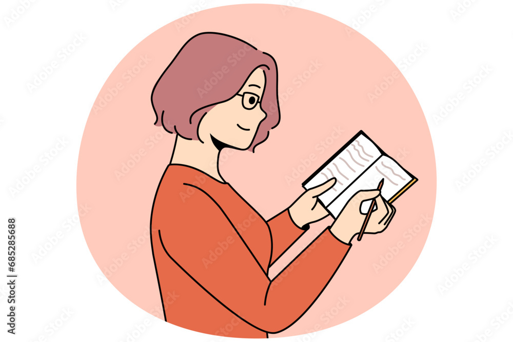 Smiling young woman in glasses take notes in notebook. Happy female write in notepad, make plan or list. Vector illustration. Smiling young woman in glasses take notes in notebook. Happy female write in notepad, make plan or list. Vector illustration.
