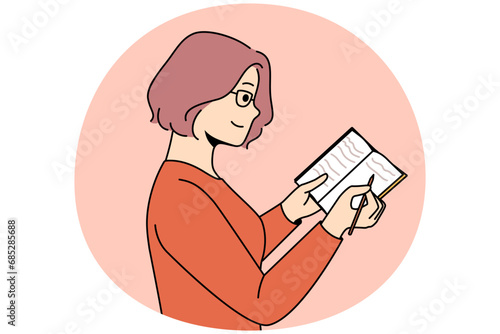 Smiling young woman in glasses take notes in notebook. Happy female write in notepad, make plan or list. Vector illustration.