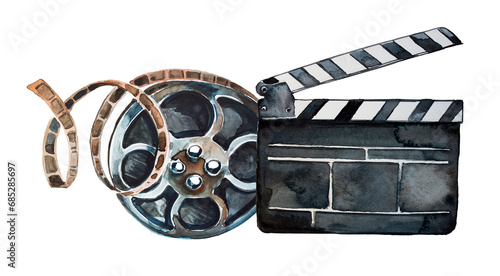 Movie night sign, clapper board and filmstrip. Watercolor hand painted cinema concept illustration. Enterteinment themed design.  photo