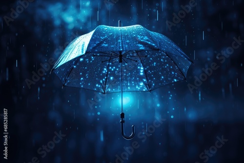 A picture of a blue umbrella in the rain. This image can be used to depict protection from the rain or to create a rainy day atmosphere photo
