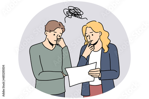 Pensive businesspeople look at paperwork brainstorm over business idea or project. Colleagues work together analyze document. Teamwork concept. Vector illustration.