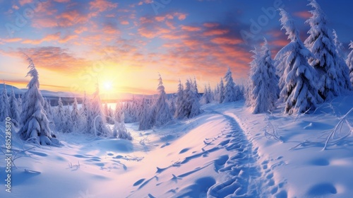 Untouched snowy landscape at sunrise AI generated illustration