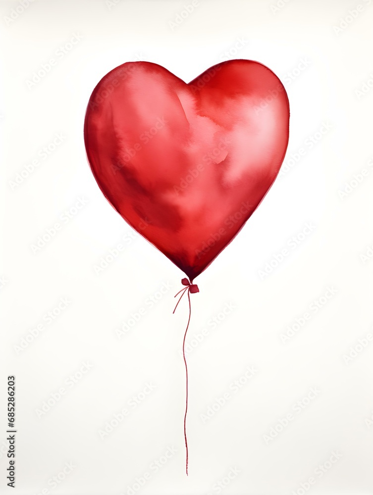 Drawing of a Heart shaped Balloon in dark red Watercolors on a white Background. Romantic Template with Copy Space