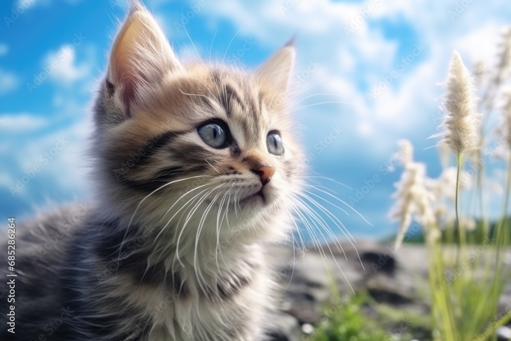 A cute kitten sitting on top of a vibrant, lush green field. Perfect for nature and animal-related projects